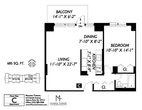 Floor plan for 1 bed, 1 bath, 685 sqft